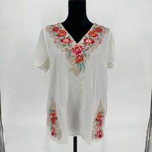 Savanna Jane White Red Floral Embroidery V Neck Short‎ Sleeve Blouse Top  Medium